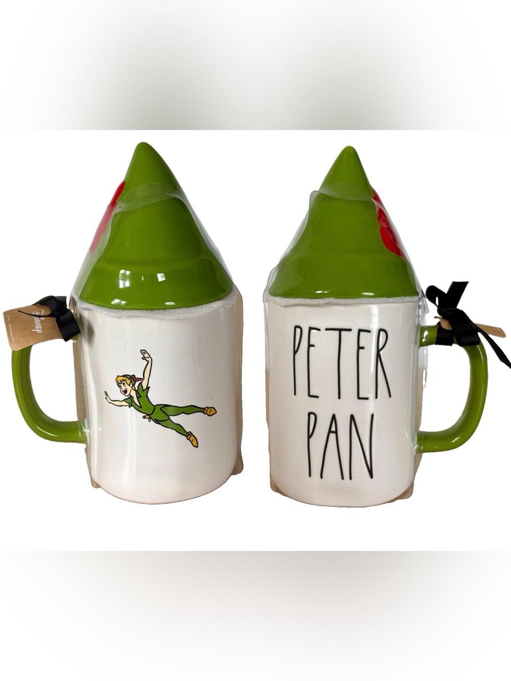 RAE DUNN DISNEY PETER PAN 2PC White Ceramic Mug Green Topper Flying Boy NWT